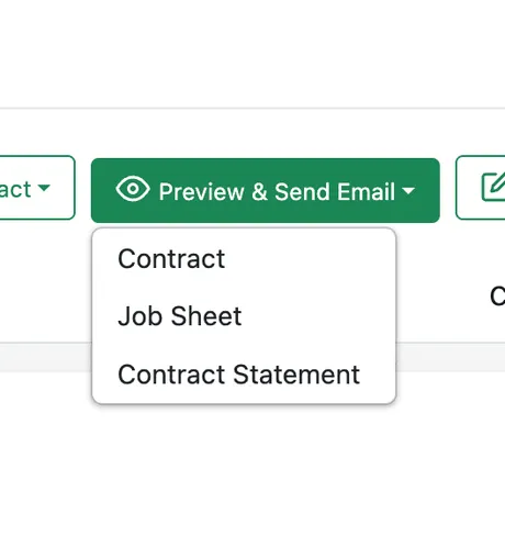 The Preview and Send Email menu offering Contract, Job Sheet, and Contract Statement