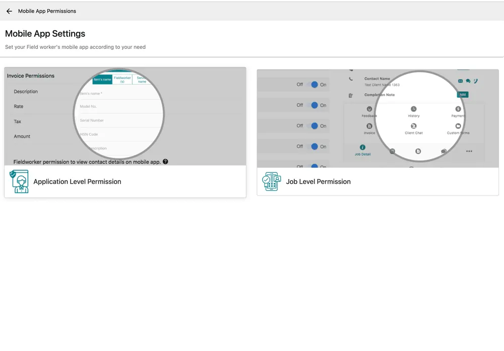 The Mobile App Settings page with cards for invoice permissions and the other permission groups