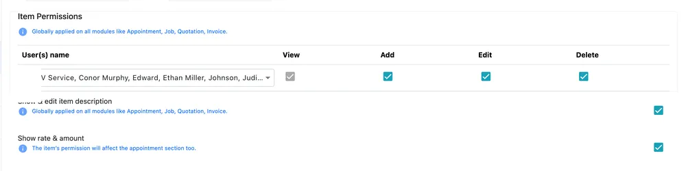 Item Permissions: a user list with View, Add, Edit and Delete tick boxes, and switches for showing item descriptions and rate and amount