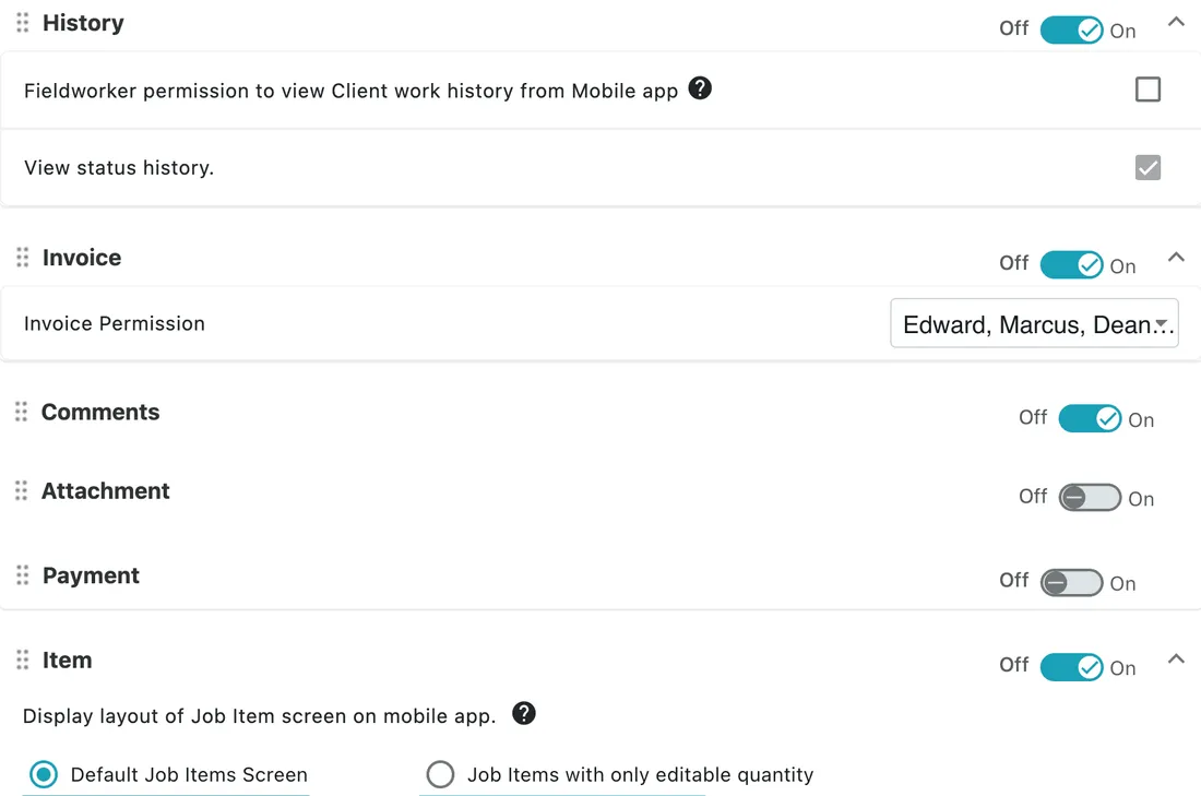 The Job Level Permission groups: History with two tick boxes, Invoice with a user dropdown, Comments, Attachment and Payment as plain switches, and Item with a choice of job item screen layout