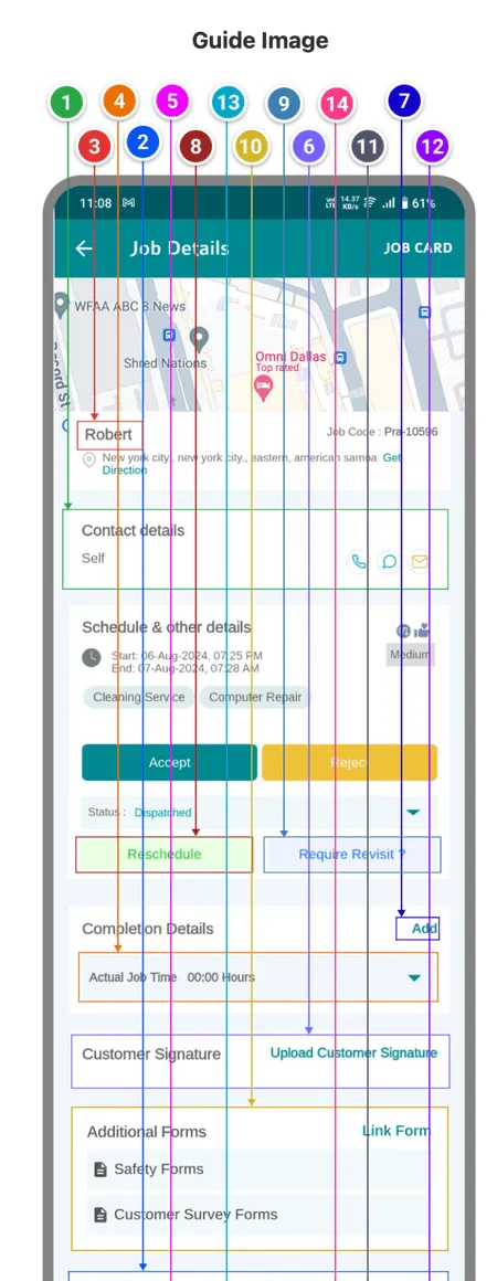 The guide image: the app's Job Details screen with numbered markers on the contact details, reschedule, revisit, completion details, customer signature, additional forms and quotation sections