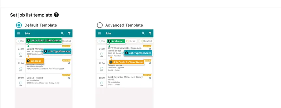 Set job list template: a Default Template showing job code and client name first, and an Advanced Template showing the address first