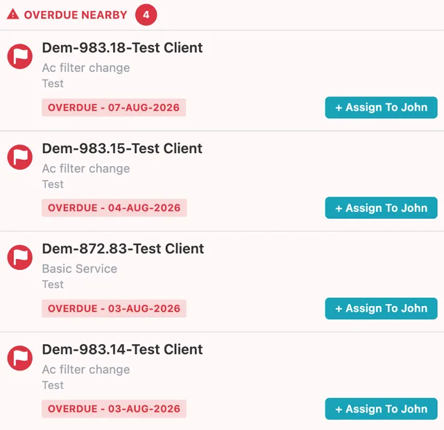 The Overdue Nearby list showing four overdue jobs, each with an Assign To John button