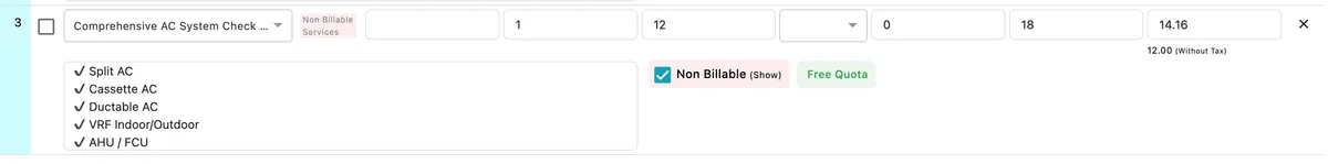 An invoice line marked Non Billable Services, with the Non Billable (Show) tick box and a Free Quota badge beside it