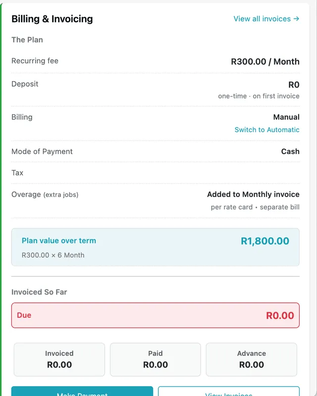 A contract's billing panel showing the recurring fee, deposit, billing mode, overage rule, and plan value over the term