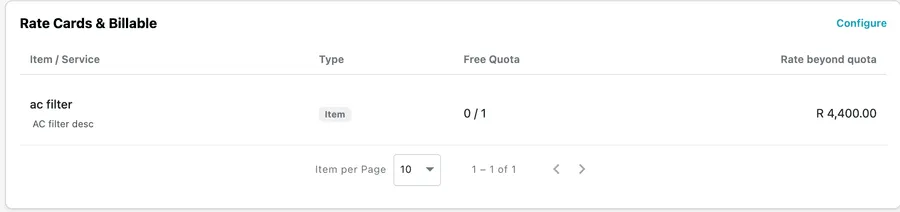 A contract's rate card showing an item with its free quota and the rate charged beyond it