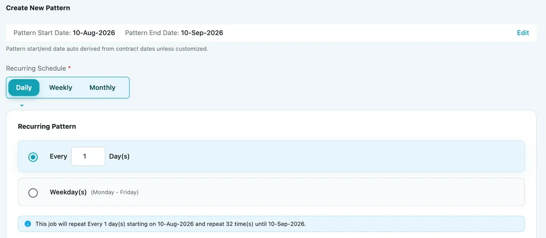 Create New Pattern: pattern start and end dates, a Daily / Weekly / Monthly selector, the recurring pattern options, and a line summarising how often the job will repeat