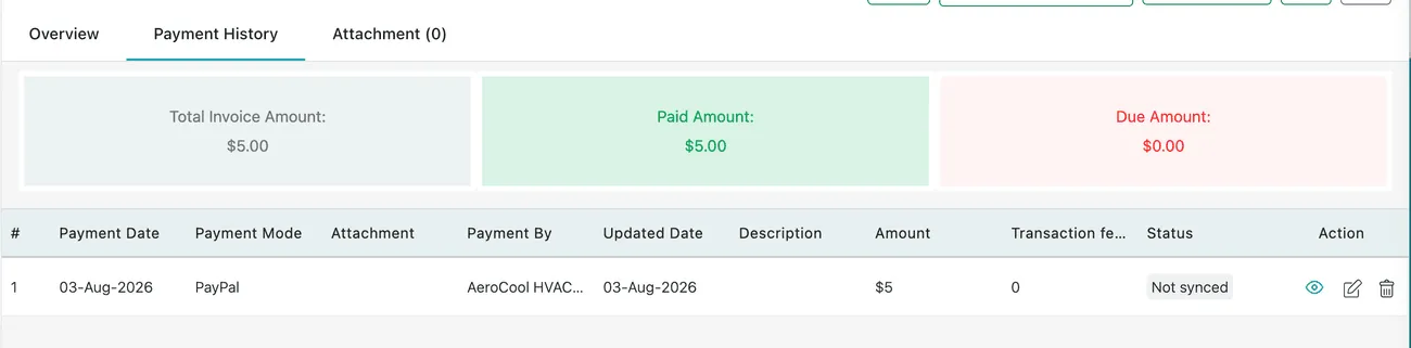 The Payment History tab: Total Invoice Amount, Paid Amount and Due Amount cards above the table of payments