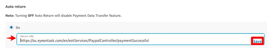 PayPal's Auto return setting, On, with the Return URL filled in