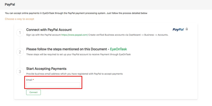 The Email field on the PayPal page, with Connect