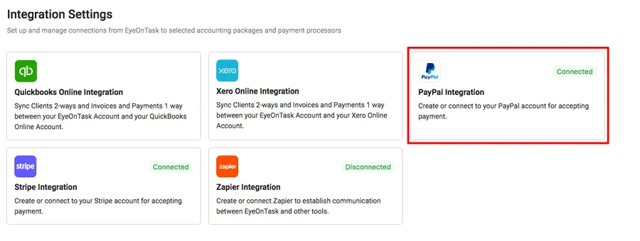 Integration Settings, with the PayPal card third among five