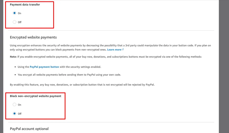 Payment data transfer On and Block non-encrypted website payment Off