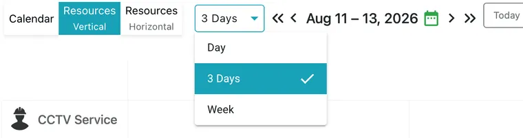 The period dropdown open in Resources Vertical, showing Day, 3 Days and Week with 3 Days ticked