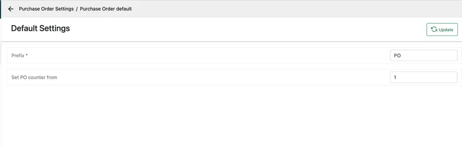 Purchase order default settings: prefix and PO counter
