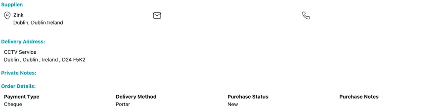 The order details: supplier, delivery address, private notes, and the payment type, delivery method, purchase status and notes