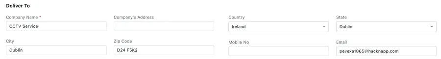 The Deliver To block: company name and address, country, state, city, zip code, mobile number and email