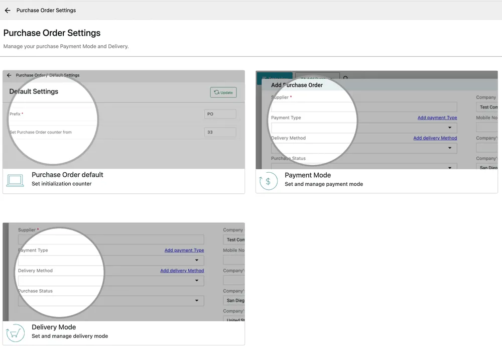The Purchase Order Settings page with cards for the default settings and the payment and delivery lists