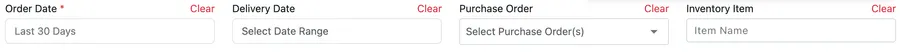 The Purchase Order Item Report filters: Order Date required, Delivery Date, Purchase Order, Inventory Item and Show Column
