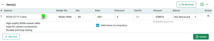 The order's item table with a line for RG59 cable, its per-line status dropdown, an Add items to inventory tickbox and the All Received button above