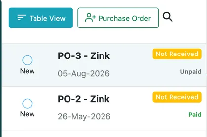 The purchase order list: PO-3 and PO-2, each with a status, a Not Received badge and Unpaid or Paid