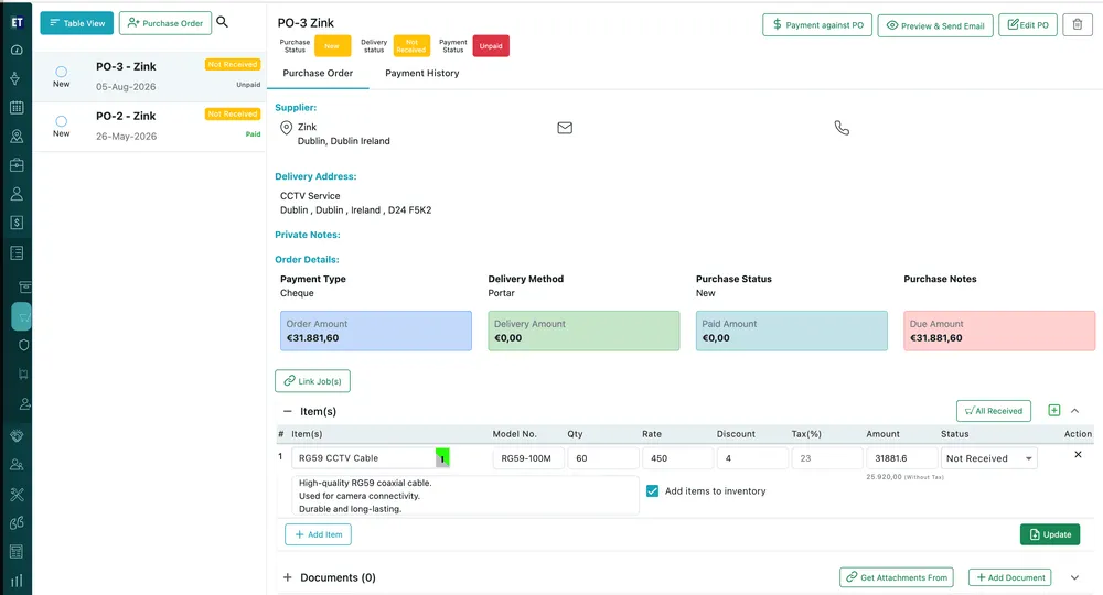 The purchase order page: the order list on the left, and PO-3 open on the right with its statuses, supplier, amounts and items