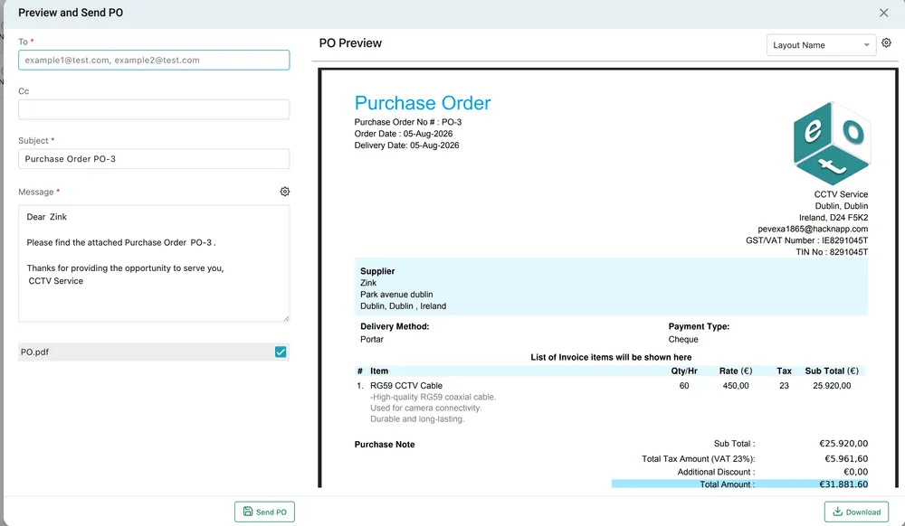 The Preview and Send PO window: email fields on the left, the purchase order document previewed on the right