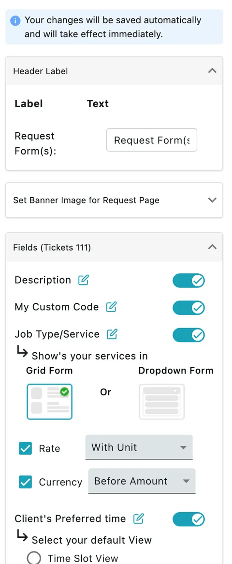 The field panel: Header Label, Set Banner Image for Request Page, and per-field switches for Description, My Custom Code, Job Type/Service and Client's Preferred time