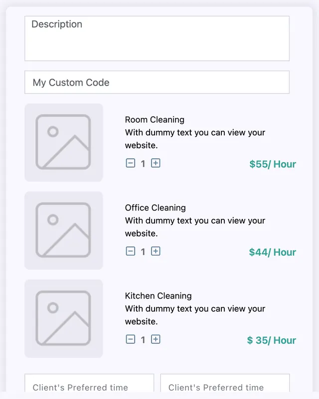 The portal request form preview: a description box, a custom code field, and services shown as cards with images, descriptions, hourly rates and quantity steppers