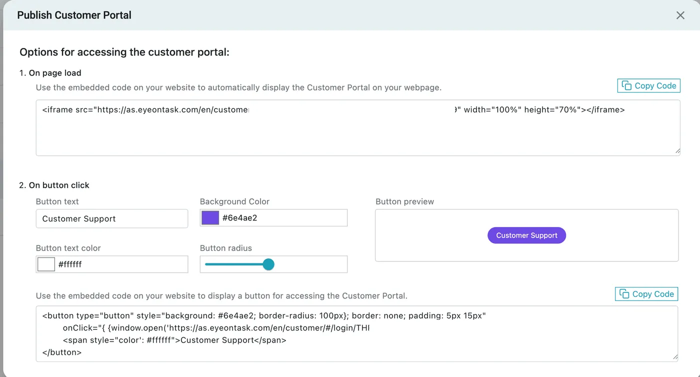 The Publish Customer Portal dialog: an iframe embed for On page load, and button text, colour and radius options with a button embed for On button click