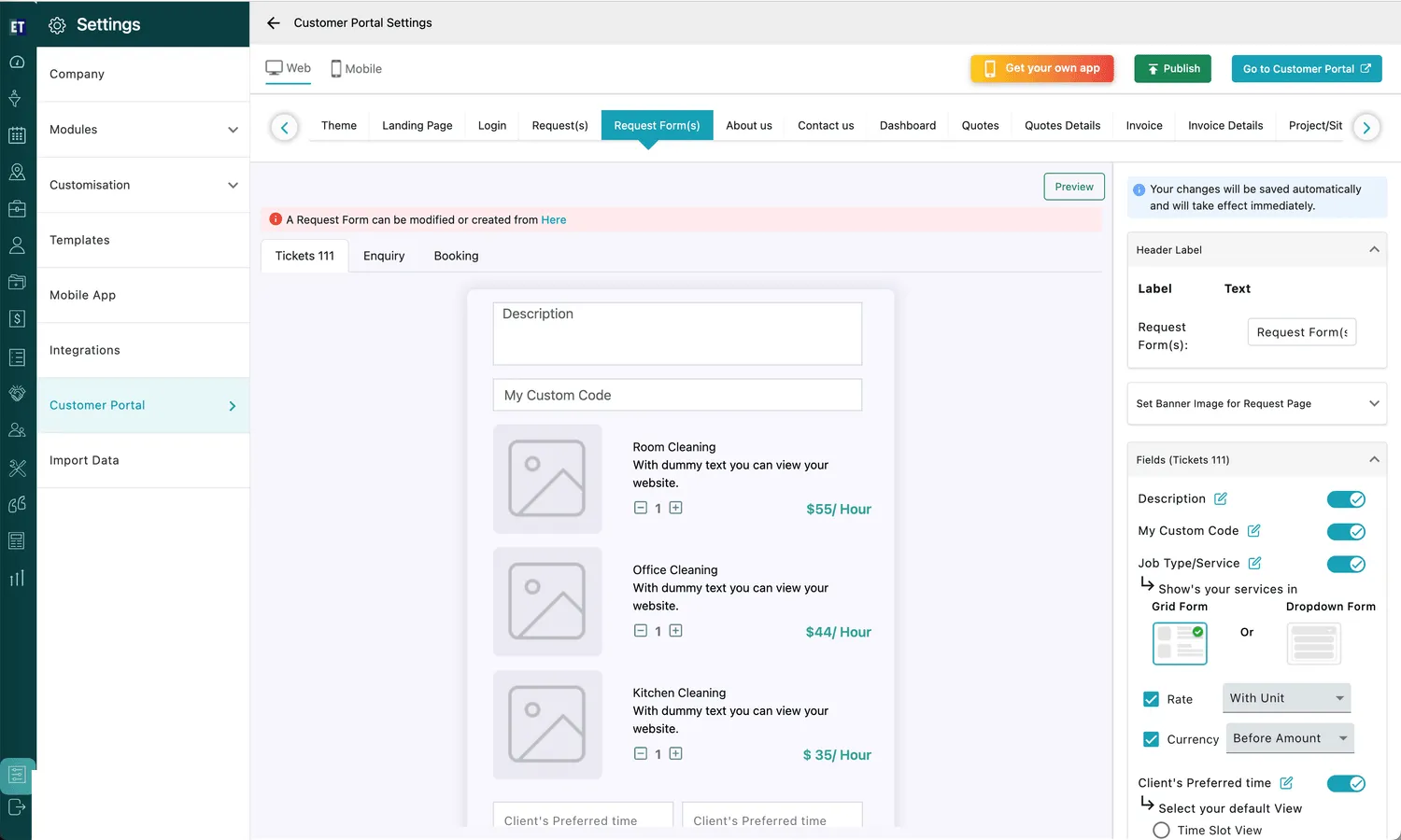 Settings → Customer Portal → Request Form(s): the portal tab strip, the form tabs, a live preview of the form in the middle and the field panel on the right