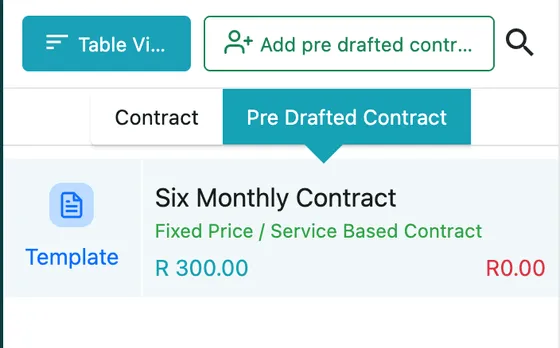 The contracts list with the Pre Drafted Contract tab open, showing a saved template