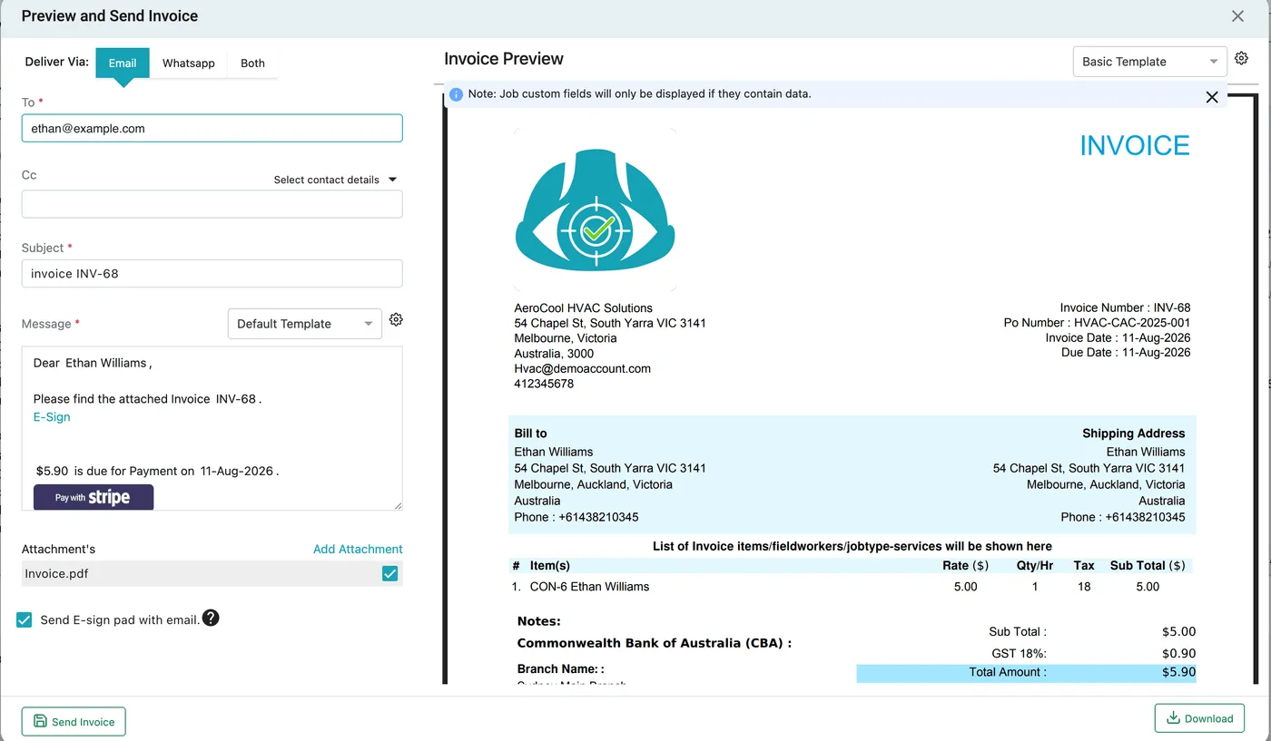 The Preview and Send Invoice window, with the message on the left and the invoice preview on the right