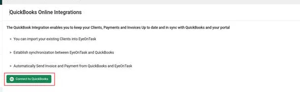 The QuickBooks Online Integrations page with the Connect to QuickBooks button