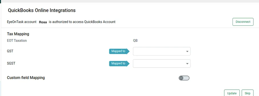 The mapping screen: EOT Taxation on the left, QuickBooks on the right, and a Custom field Mapping toggle