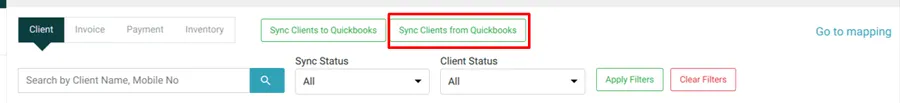 The Client tab with Sync Clients from Quickbooks highlighted