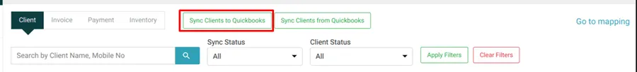 The Client tab with Sync Clients to Quickbooks highlighted