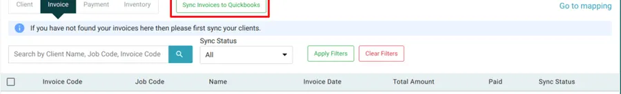 The Invoice tab with Sync Invoices to Quickbooks highlighted