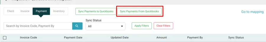 The Payment tab with Sync Payments From Quickbooks highlighted