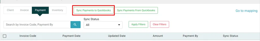 The Payment tab with Sync Payments to Quickbooks highlighted