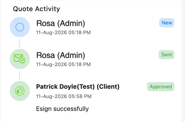 The Quote Activity trail showing the quote created, sent, and approved by the client with Esign successfully