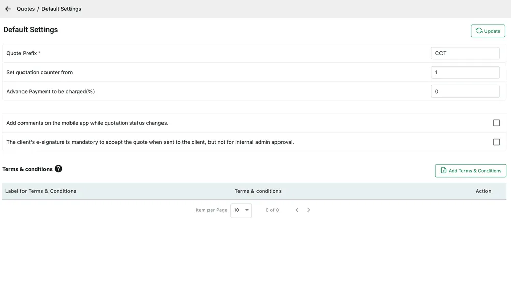 Quote default settings: quote prefix, quotation counter, advance payment percentage, two tick boxes and a Terms & conditions list