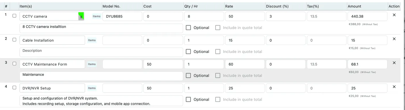 The quote item grid, with a description, an Optional tickbox and Include in quote total under each row