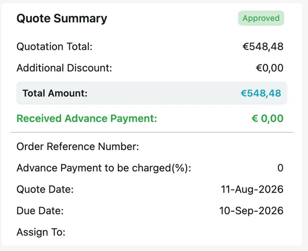 The Quote Summary card with its status badge, totals, advance payment, dates and Assign To