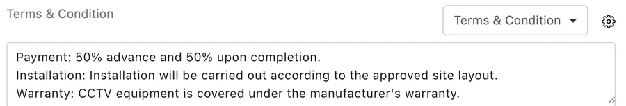 The Terms and Condition field with its template dropdown and settings gear