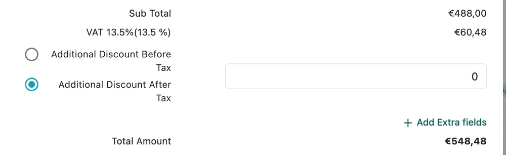 Sub Total, VAT, the Additional Discount Before Tax and After Tax choice, Add Extra fields and Total Amount