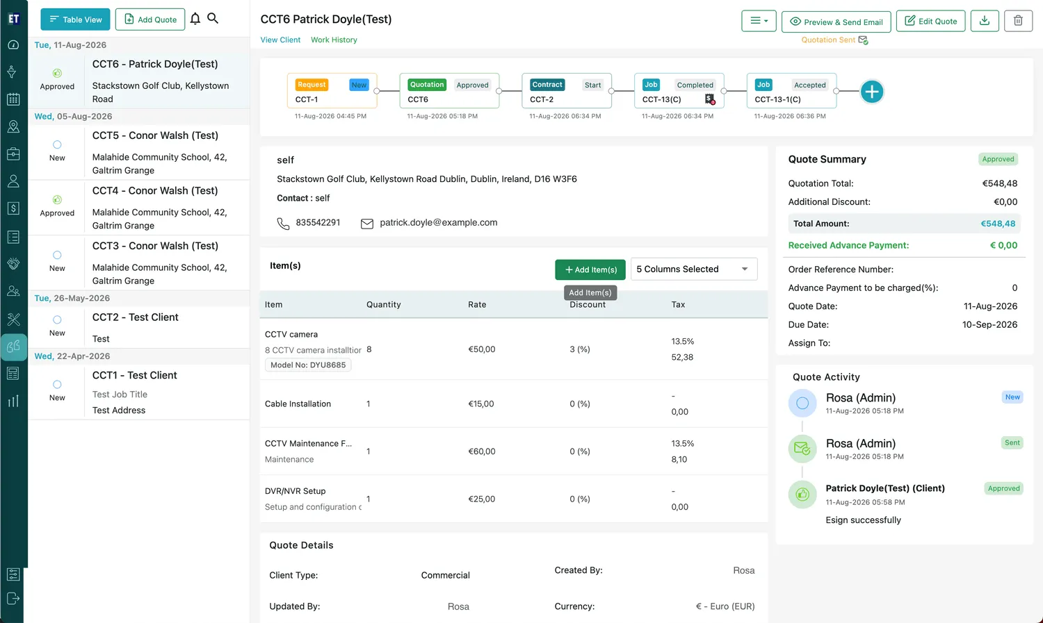 Simple View: the quote list down the left with one highlighted, its overview filling the panel on the right