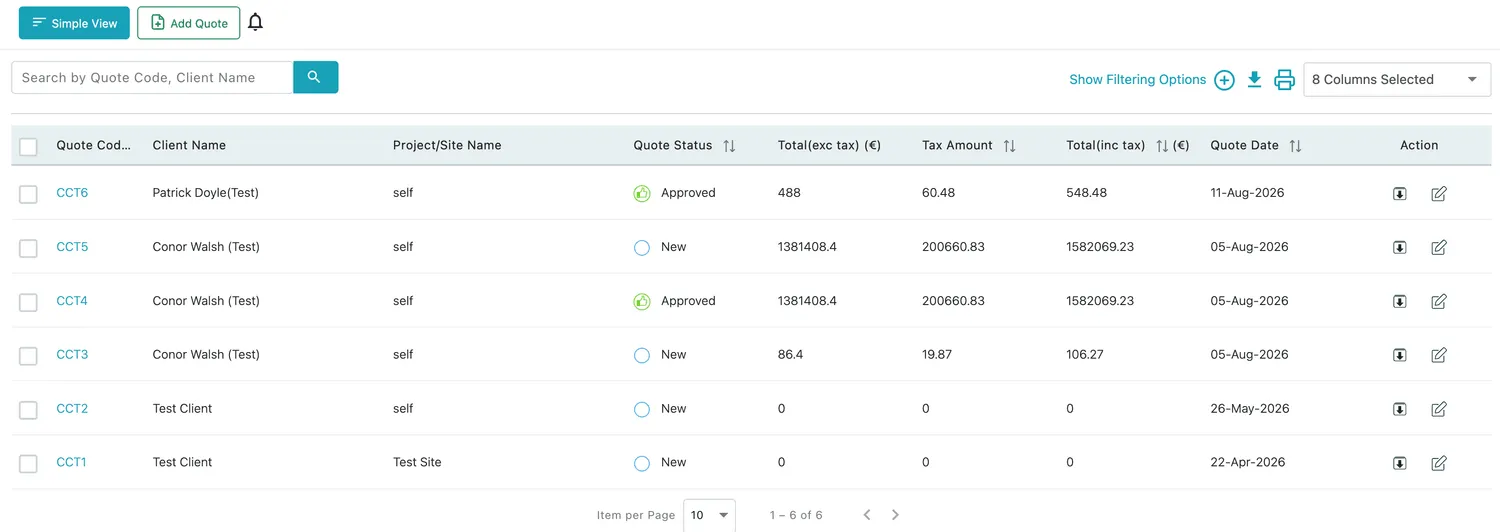 The quotes list in Table View, with columns for quote code, client, site, status, totals and quote date