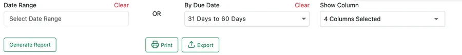 The Client Receivable filters: Date Range or, separated by OR, By Due Date set to 31 Days to 60 Days