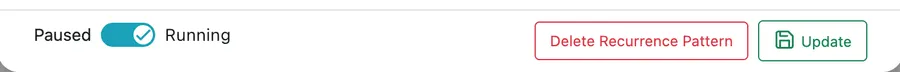 The footer of the Recurring Job window: the Paused/Running switch, Delete Recurrence Pattern and Update