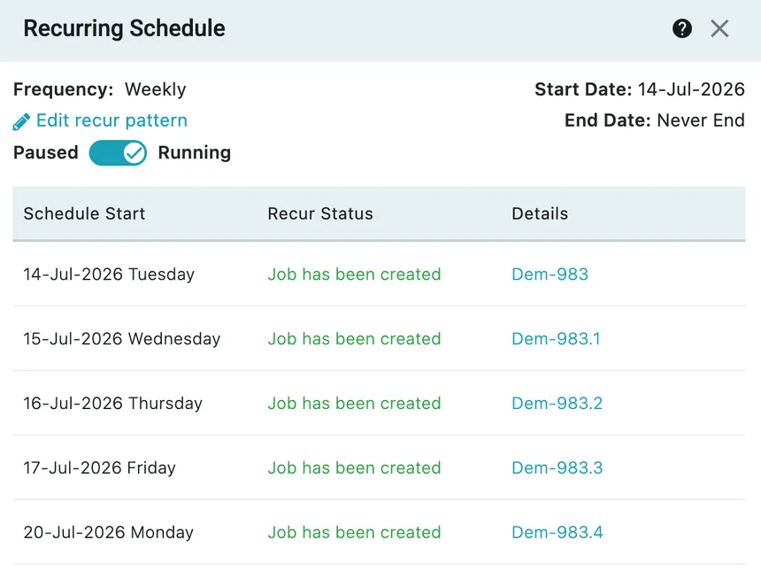 The Recurring Schedule window: frequency, start and end dates, a Paused/Running switch, and a table of every occurrence with its date, status and job code